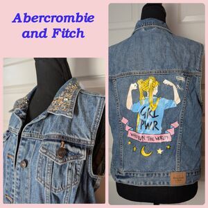 Abercrombie & Fitch Size L Denim Vest Custom "Girl Power" Sequins Distressed